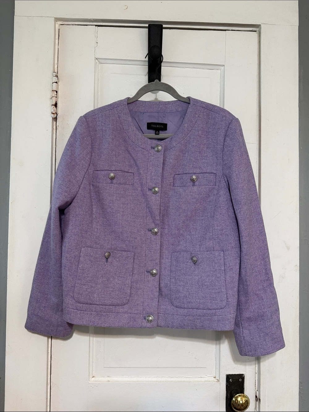 Talbots Lavender Collarless Tweed Jacket with Decorative Buttons